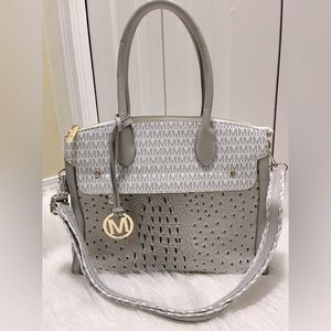 MFK Collections-Grey & White, Vegan Leather, Gator/Ostrich Embossed, Tote Bag